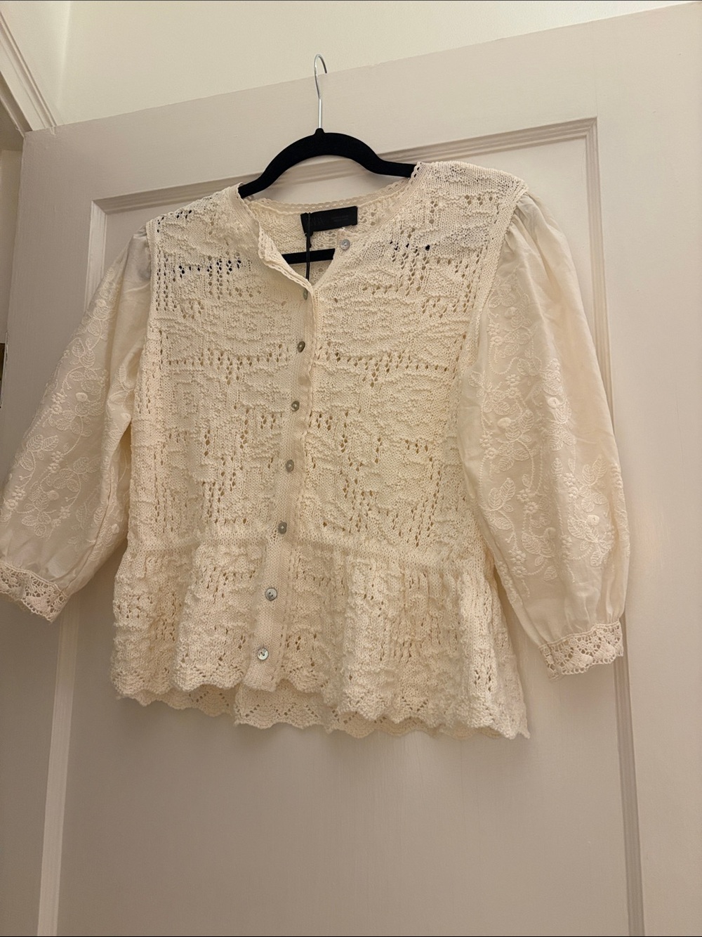 Zara Cream Crochet Peplum Buttoned Blouse